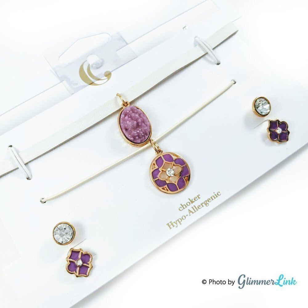 Nwt Charming Charlie Lavender Floral Faux Druzy Leather Choker Earrings Set 10$